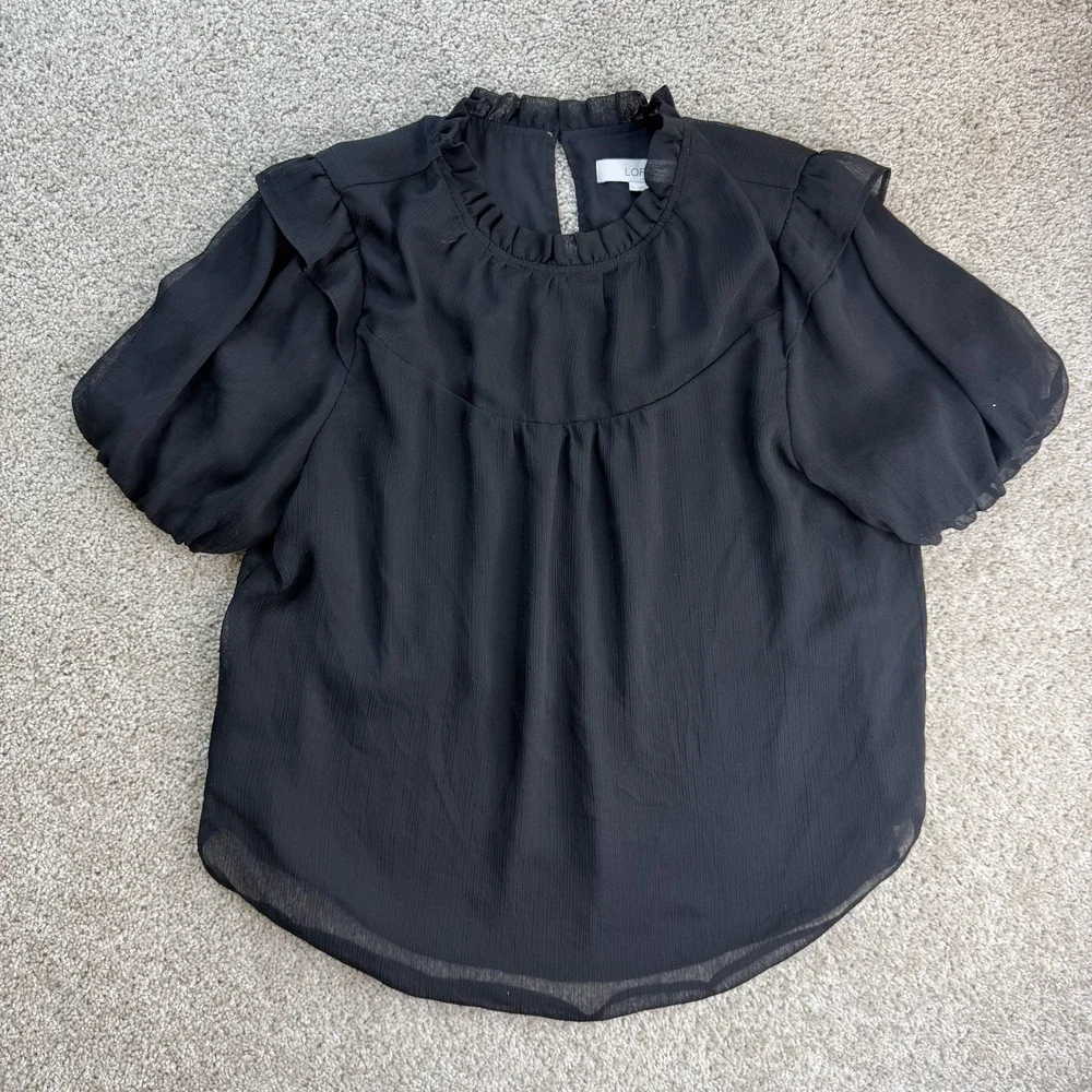 LOFT Blouse Womens XL Black Mock Neck Puff Short Sleeve Chiffon Ruffle Top
